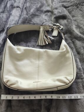 Coach Cream Leather Shoulder Bag with Tassel Avery Pearl White